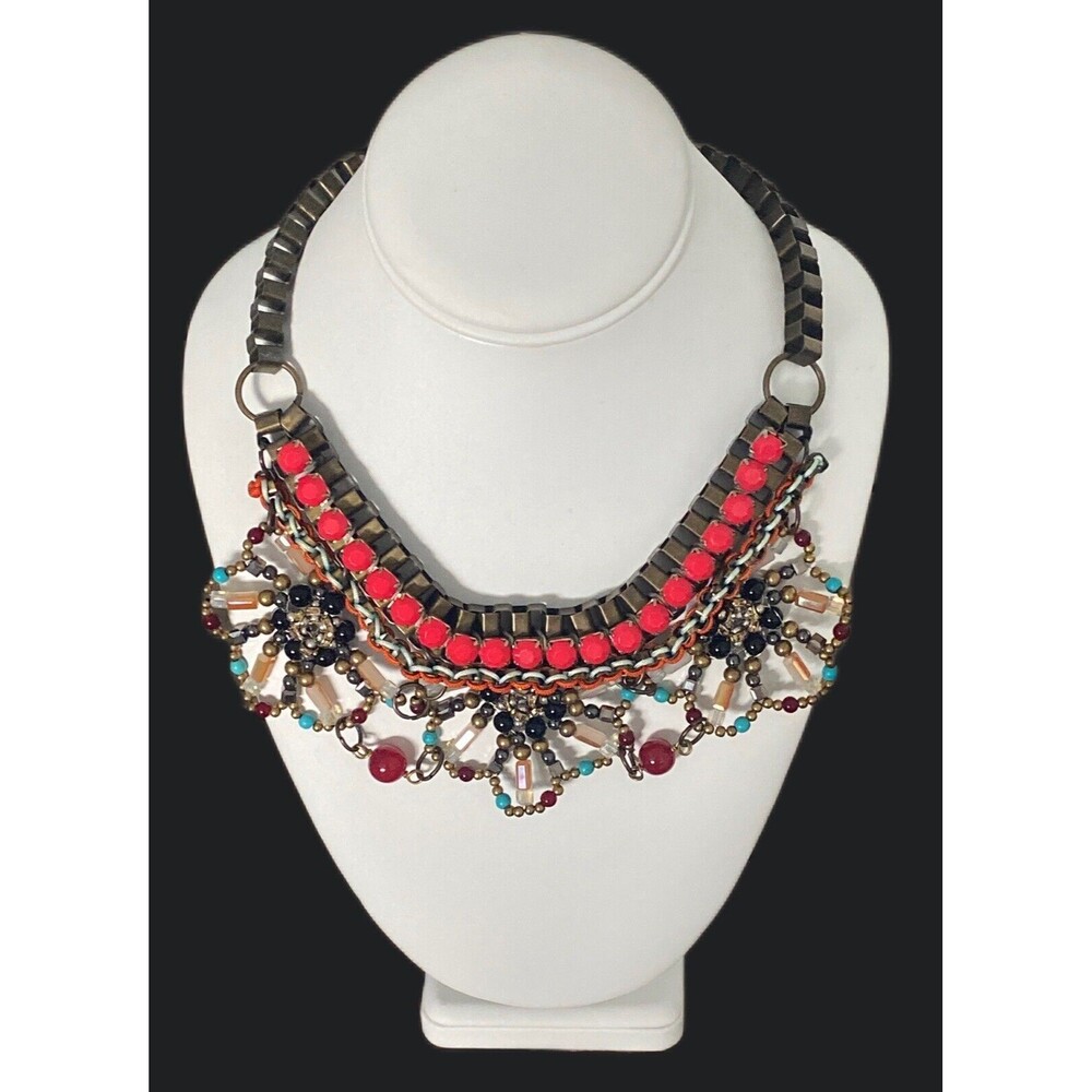 Pam Hiram Chunky Bib Necklace Semi Precious Beads Brass Cube Chain Handcrafted